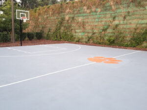 An outdoor basketball court with a hoop and backboard. The court features a painted three-point line and key area. There is an orange paw print logo near the top of the key. A tall, green vine-covered fence and shrubbery surround the court.